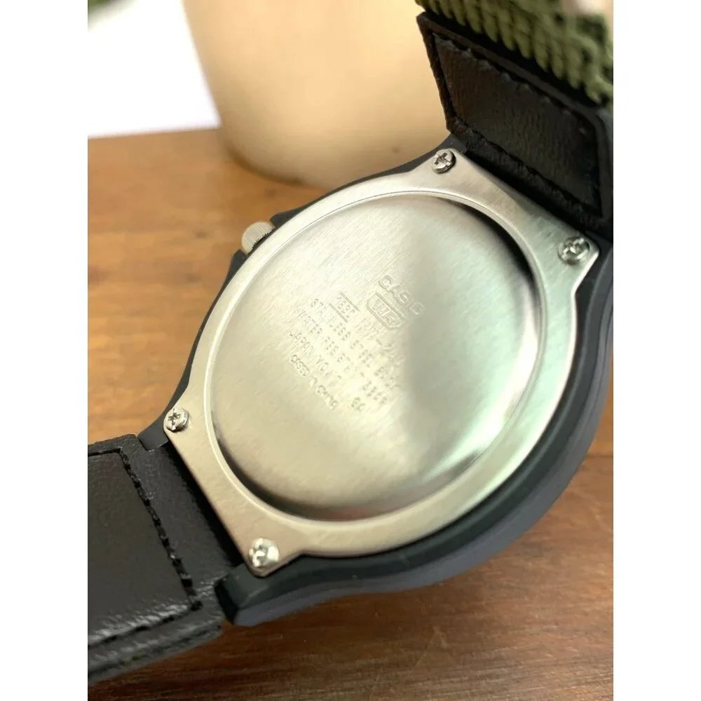 Casio Men's Watch MW240B Analog Quartz Beige Dial 42mm Black Green Nylon Band